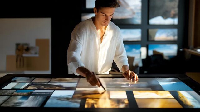 A designer arranging storyboard sequences across a large studio table, each panel illustrating key moments of a narrative arc &mdash; creative planning, visual storytelling workflow, and cinematic