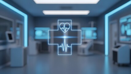 A futuristic hospital corridor features a glowing medical cross with a heart beat symbol in focus
