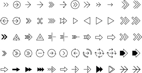 Modern vector collection of linear arrow icons set containing various directional pointers for website navigation and app interface elements