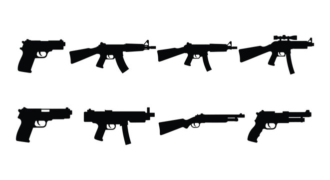 Silhouetted firearms collection pistols rifles and submachine guns displayed in black