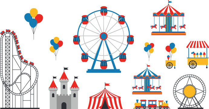 Amusement Park and Carnival Vector Set Featuring Ferris Wheel, Roller Coaster, Circus Tent, Balloons, Castle, and Funfair Ride Illustrations