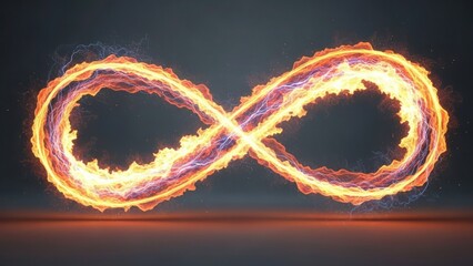 Fiery infinity symbol glowing with bright orange and yellow flames against a dark, moody background, representing eternity, endlessness, and power in a dynamic 3d render