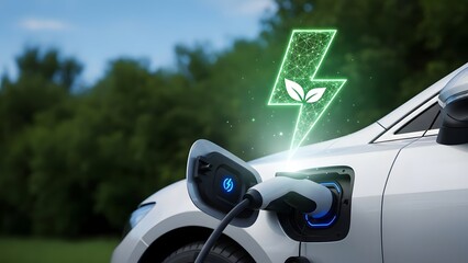 Electric vehicle charging with a green energy symbol representing sustainable transportation and eco friendly power