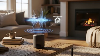 A cozy living room scene featuring a smart speaker with a voice command interface displayed