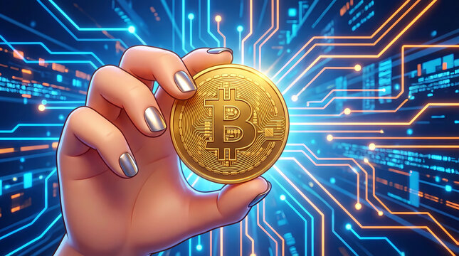Woman's hand holding a golden bitcoin against a futuristic digital circuit board background