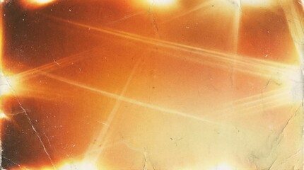 Vintage film photograph texture background with significant light leaks, heavy grain, and scratches in a warm burnt orange to pale yellow gradient.