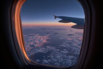 Airplane window view of sunset over clouds and water