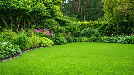 Obraz premium Lush green lawn surrounded by vibrant flowers and dense foliage creates serene and harmonious garden atmosphere