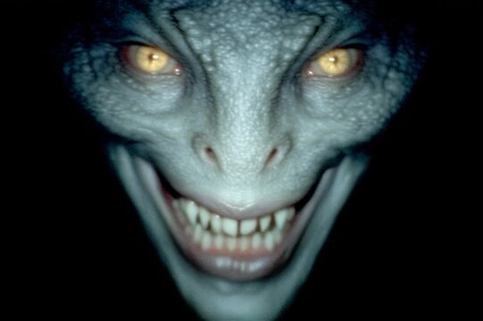 Close-up of a creepy reptilian creature with glowing yellow eyes and sharp teeth
