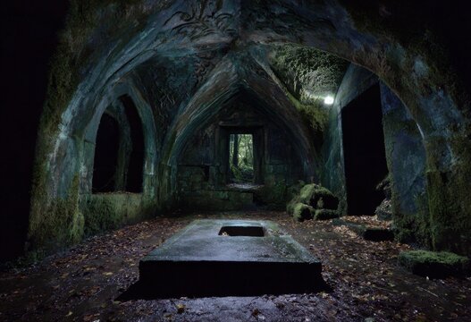 Dark, moss-covered crypt interior