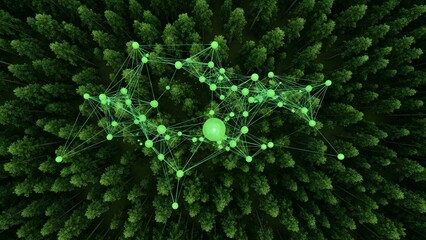A vibrant green network of interconnected nodes and lines floats above a dense forest canopy