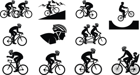 Obraz premium Cyclist silhouette icon set, 12 black vector illustrations of biking styles including racing, tandem, BMX, and family ride