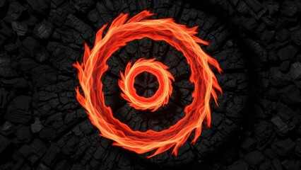 A vibrant and dramatic illustration of a fiery spiral shape on a dark background