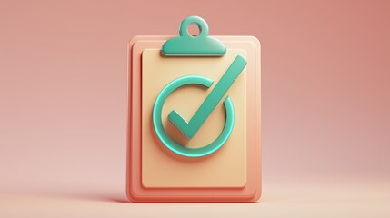 3D rendered clipboard icon featuring a teal check mark on beige paper with rounded edges against a soft pink gradient background. Symbol for task completion, productivity apps and survey approval.