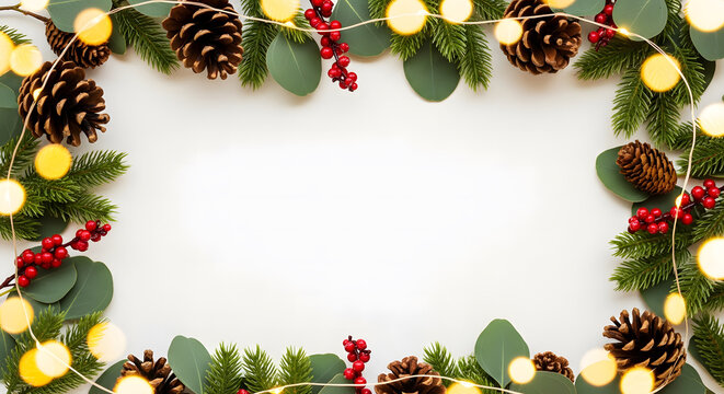 Christmas border frame with pine cones, fir branches, red berrie