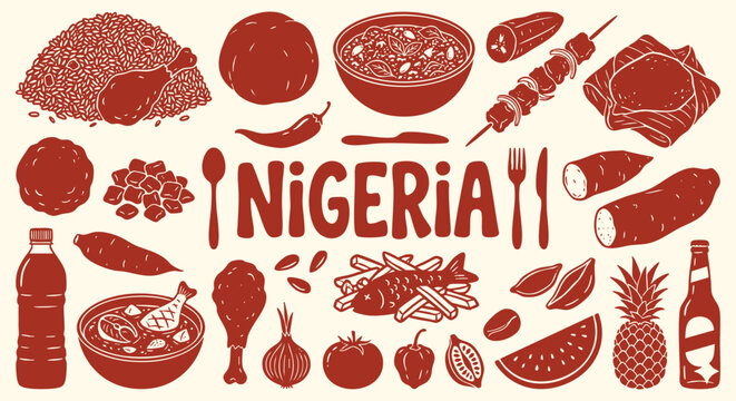 Nigeria Icon Set. Nigerian Food. A hand drawn vector collection of jollof rice, fufu, yam, plantain and traditional dishes for an African restaurant menu and travel guide.