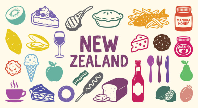 New Zealand Icon Set. Kiwi Food. A colorful vector collection of lamb, fish and chips, pavlova, kiwi fruit and honey for a travel guide, restaurant menu, and tourism flyer.