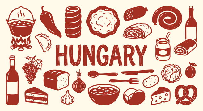 Hungary Icon Set. Hungarian Food. A hand drawn vector collection of goulash, paprika, wine, chimney cake and traditional items for an Eastern European restaurant menu and travel guide.