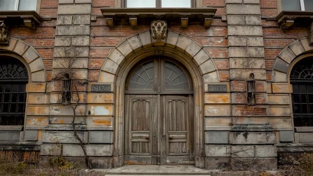 Ornate arched wooden door entrance of historic stone building facade with ivy vines royal emblem and weathered sandstone details