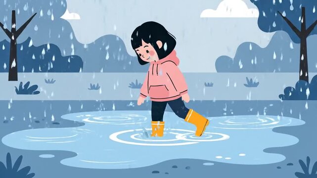 A Little Girl In Rain Boots Joyfully Splashes In Puddles During a Gentle Rainy Day Animation