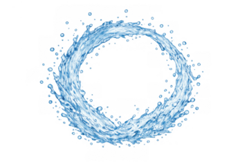 Water splash forming a circular wave, creating a fresh blue liquid ring with droplets on a transparent background