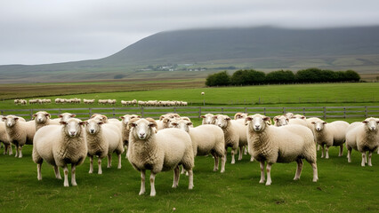 Obraz premium Flock of sheep grazing in a green pasture with a misty mountain in the background rural landscape photography for agriculture and nature themes