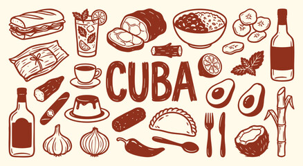 Cuba Icon Set. Cuban Food. A hand drawn vector collection of cuban sandwich, rum, mojito, coffee, cigars and tropical items for a Caribbean restaurant menu and travel guide. © MH HASIB