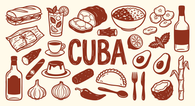 Cuba Icon Set. Cuban Food. A hand drawn vector collection of cuban sandwich, rum, mojito, coffee, cigars and tropical items for a Caribbean restaurant menu and travel guide.