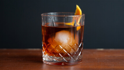 Classic old fashioned cocktail with orange peel and large ice sphere