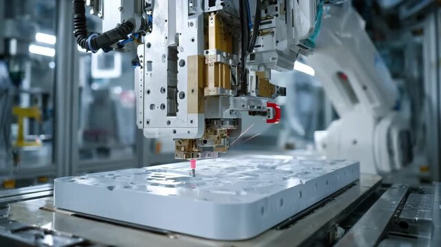 Medium shot of a robotic arm precisely repositioning a large mold pattern in a hightech industrial setting with smooth controlled movements.