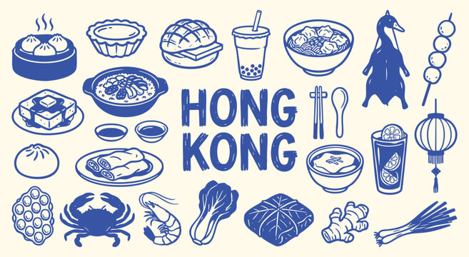 Hong Kong foods Icon Set. Cantonese Food. A hand drawn vector collection of dim sum, roast duck, bubble tea, egg tart and traditional items for an Asian restaurant menu and travel guide.