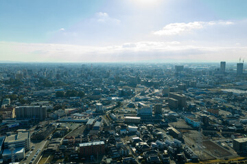 Fototapeta premium Aerial view of residential area and cityscape in Kurume, Fukuoka, Japan.