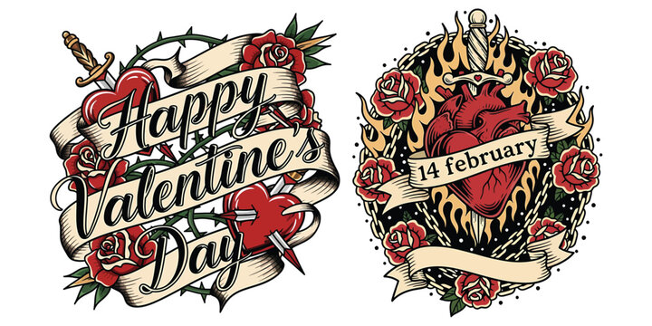 Old school tattoo style heart with roses dagger and banner saying happy valentines day and 14 february