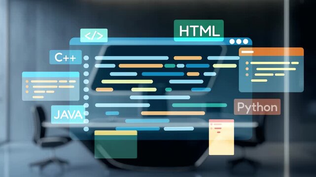 A humanoid robot interacts with a holographic programming interface displaying various coding languages, set in a contemporary tech workspace environment. Auvana