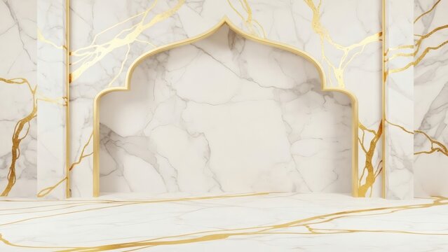 ramadan White Marble Islamic Arch Background with Gold Accents
