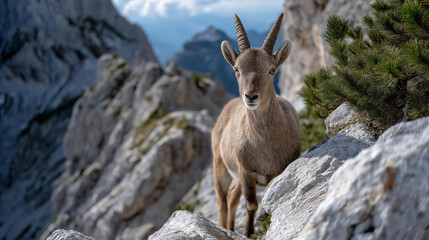 A wildlife photographer capturing an elusive alpine ibex standing proudly on a narrow ledge, its horns silhouetted against the dramatic skyline — rare nature encounter and high-altitude