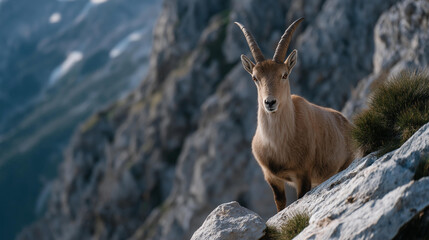 A wildlife photographer capturing an elusive alpine ibex standing proudly on a narrow ledge, its horns silhouetted against the dramatic skyline — rare nature encounter and high-altitude