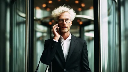 Stylish Businessman in Modern Elevator, Engaged in Phone Conversation, Showcases Professionalism and Confidence in Contemporary Office Environment