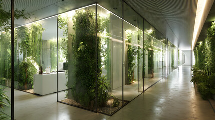 Modern eco-friendly office interior with lush green plants in glass-walled cubicle and corridor, natural light and sustainable design for corporate workspace