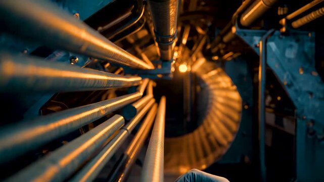Industrial Jet Engine Turbine Interior Golden Glow Blades Shaft Pipes Symmetrical Machinery View
