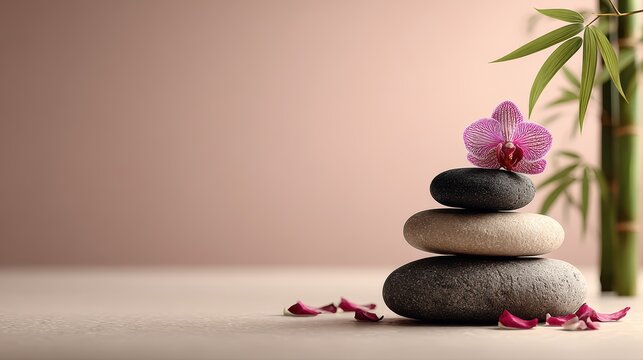 Serene Stacked Stones with Orchid and Bamboo on Soft Background