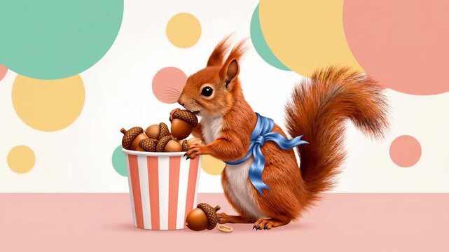 Adorable Squirrel With Acorn Stash, Cartoon Style Background, Perfect For Children Projects,