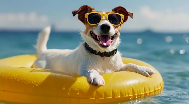 A playful dog wearing sunglasses relaxing on an inflatable float over the sea, enjoying a sunny summer day.