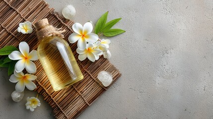 Fototapeta premium Natural Spa Scene with Essential Oil, Flowers and Bamboo Mat