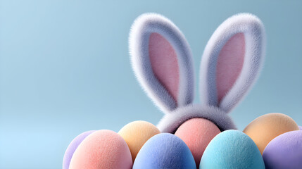 Easter bunny ears peeking out from colorful pastel eggs in festive holiday scene.