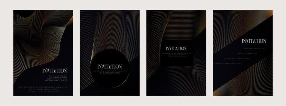 Golden Luxury invitation template card, Premium geometric figure wave gold frame typography design. Elegant background for advertising, gala card, grand opening, party invitation, layout set
