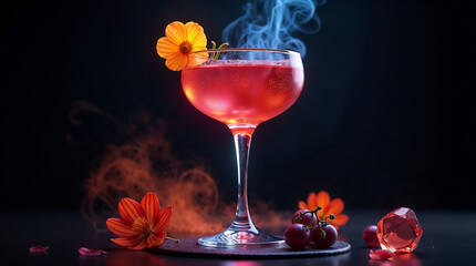 Elegant red coupe cocktail with orange flower garnish and blue smoke vapor against a dark moody background