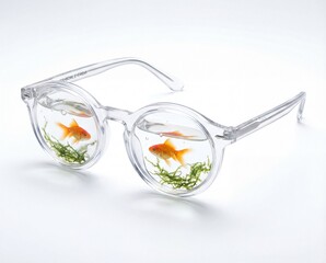 Conceptual Eyeglasses with Goldfish in Miniature Aquariums as Lenses