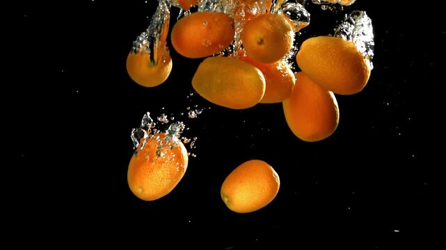 Super slow motion fresh kumquat . Filmed on a high-speed camera at 1000 fps. High quality FullHD footage