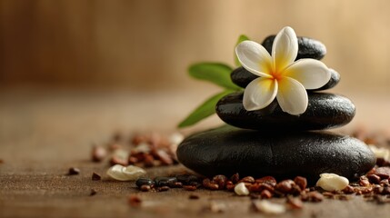 Fototapeta premium Tranquil Spa Scene with Stacked Smooth Stones and Frangipani Flower
